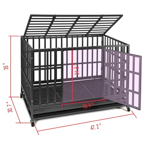 Enhanced Heavy Duty Dog Kennel Crate Cage with Strong Metal Frame, Double Doors and Lockable Wheels, for Extra Large Dog Breeds, Pet Playpen (Square, 48 inch)