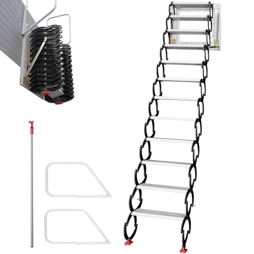VEVOR Attic Stairs Pull Down 12 Steps, Wall-Mounted Folding Attic Ladder Alloy Attic Steps, Retractable Loft Ladder with Widen Anti-Skid Pedal and Armrests, 9.8FT Height, Blue