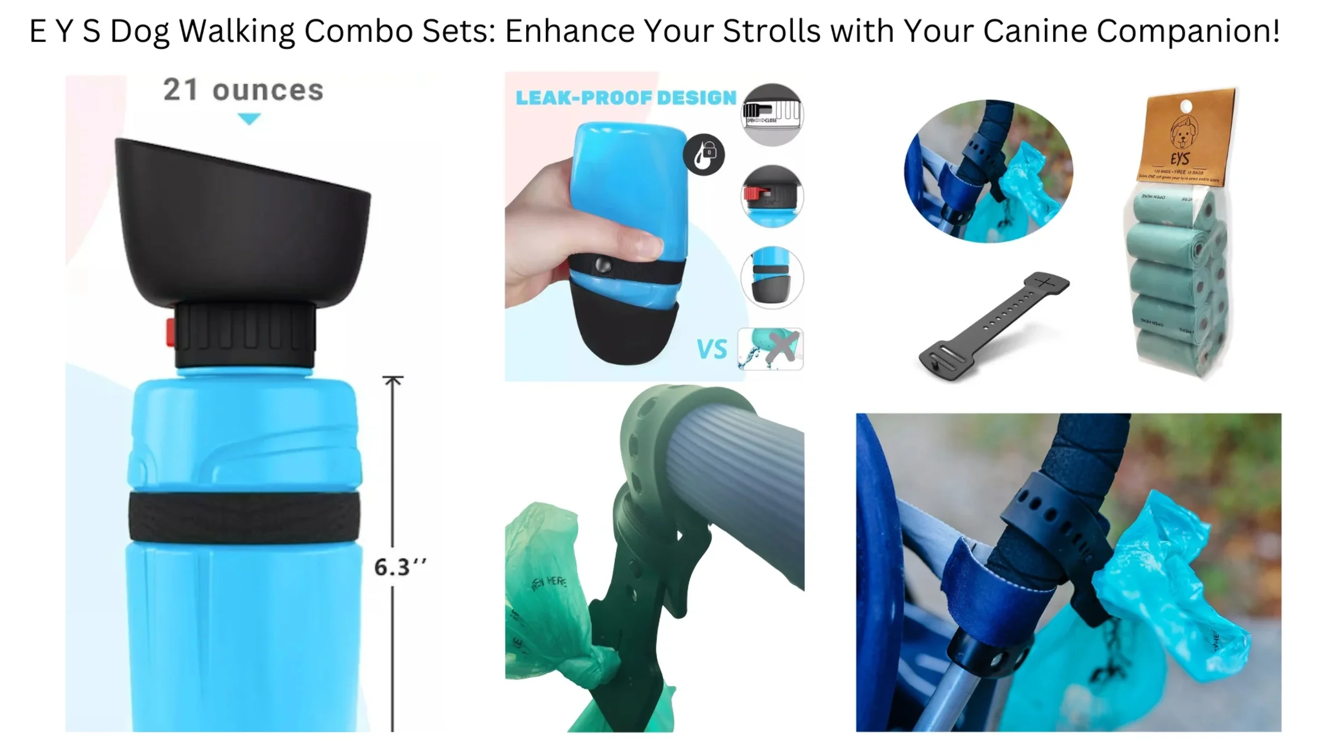 E Y S Ultimate Dog Walking Combo: Eco-Friendly Poop Bags (120 Count), Convenient Waste Bag Carrier  Collapsible Flip-Top Water Bottle Set