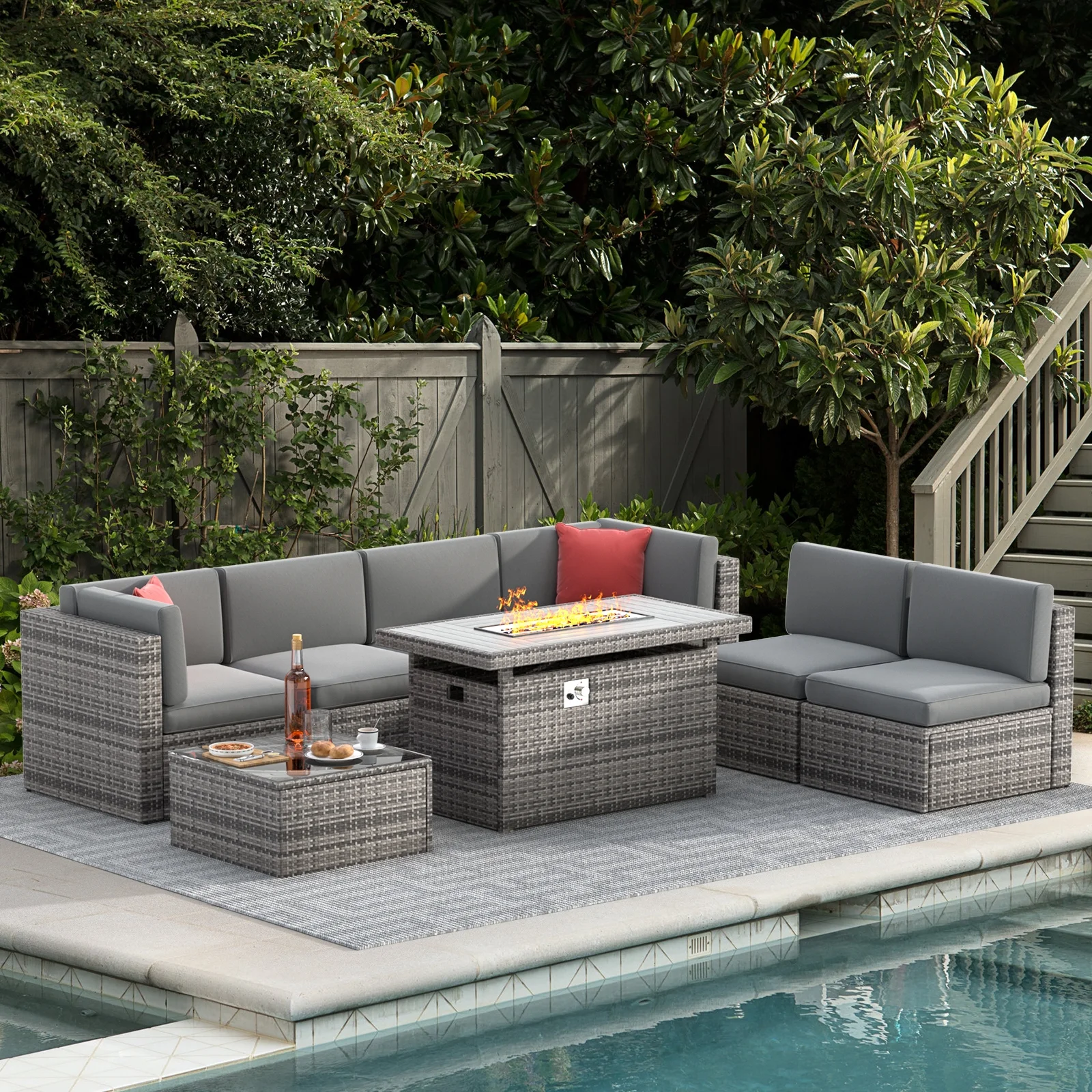 Sunmthink 8 Pcs Patio Furniture Sets with 50000 BTU FirePit Table, Grey