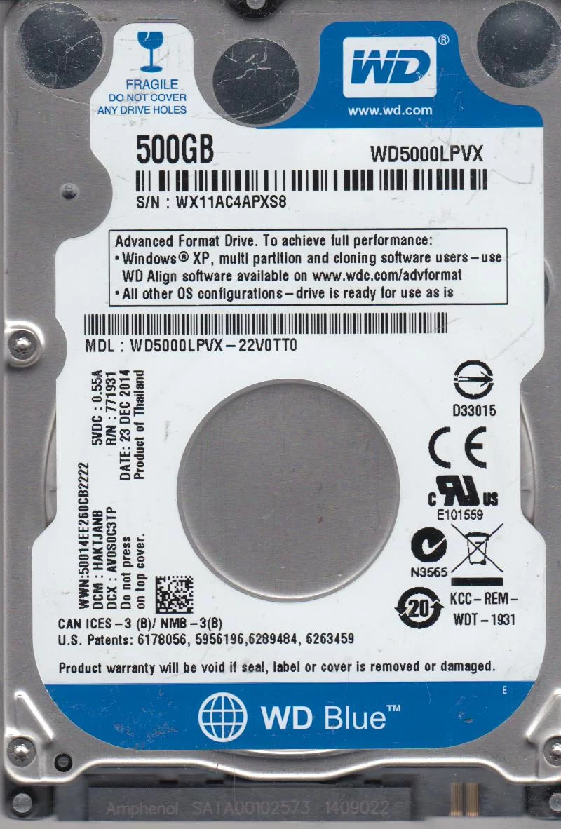 WD5000LPVX-22V0TT0, DCM HAKTJANB, Western Digital 500GB SATA 2.5 Hard Drive
