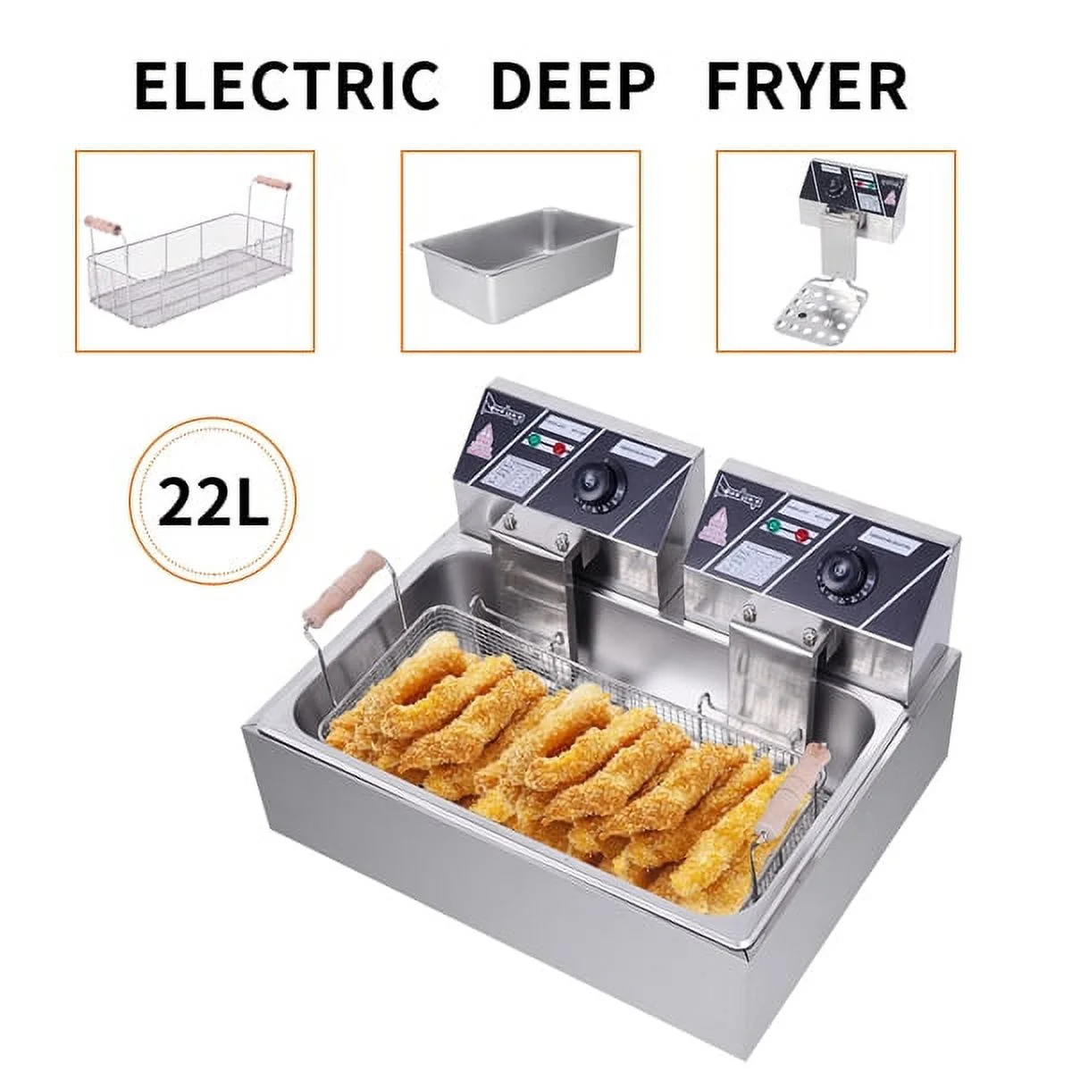 Fithood Eh83O 110V Oil Consumption 12.7Qt/12L Oil Pan Total Capacity 23.26Qt/22L Stainless Steel Large Single-Cylinder Electric Fryer 5000W Max