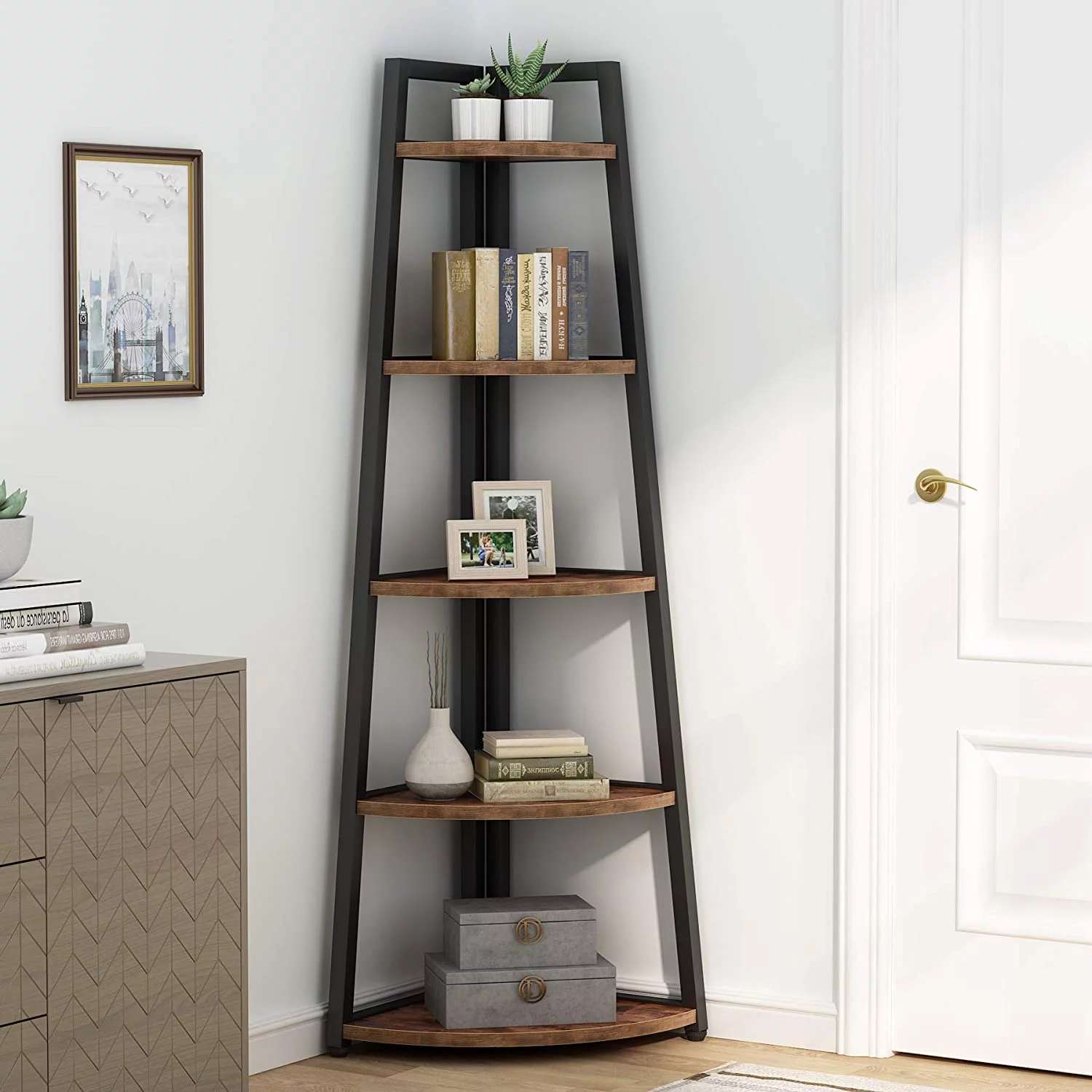 Tribesigns 70 inch Tall Corner Shelf, 5 Tier Ladder Bookshelf Bookcase Brown