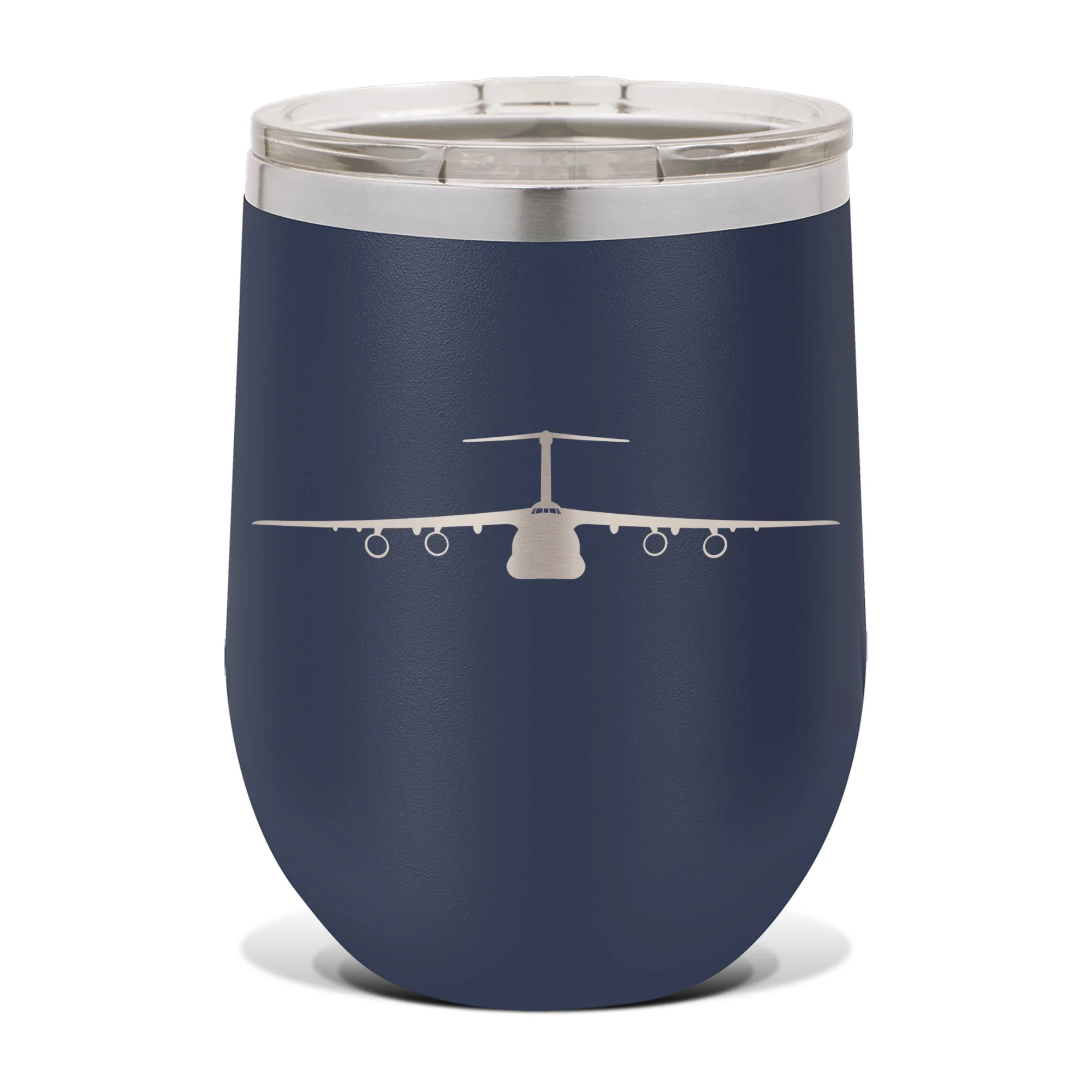 C-5 Galaxy Wine Tumbler 12 oz - Laser Engraved - Polar Camel - Stainess Steel - Vacuum Insulated - Double Walled - Wine Glass - Stemless - Drinkware Clear Lid - c5 military transport aircraft - Navy