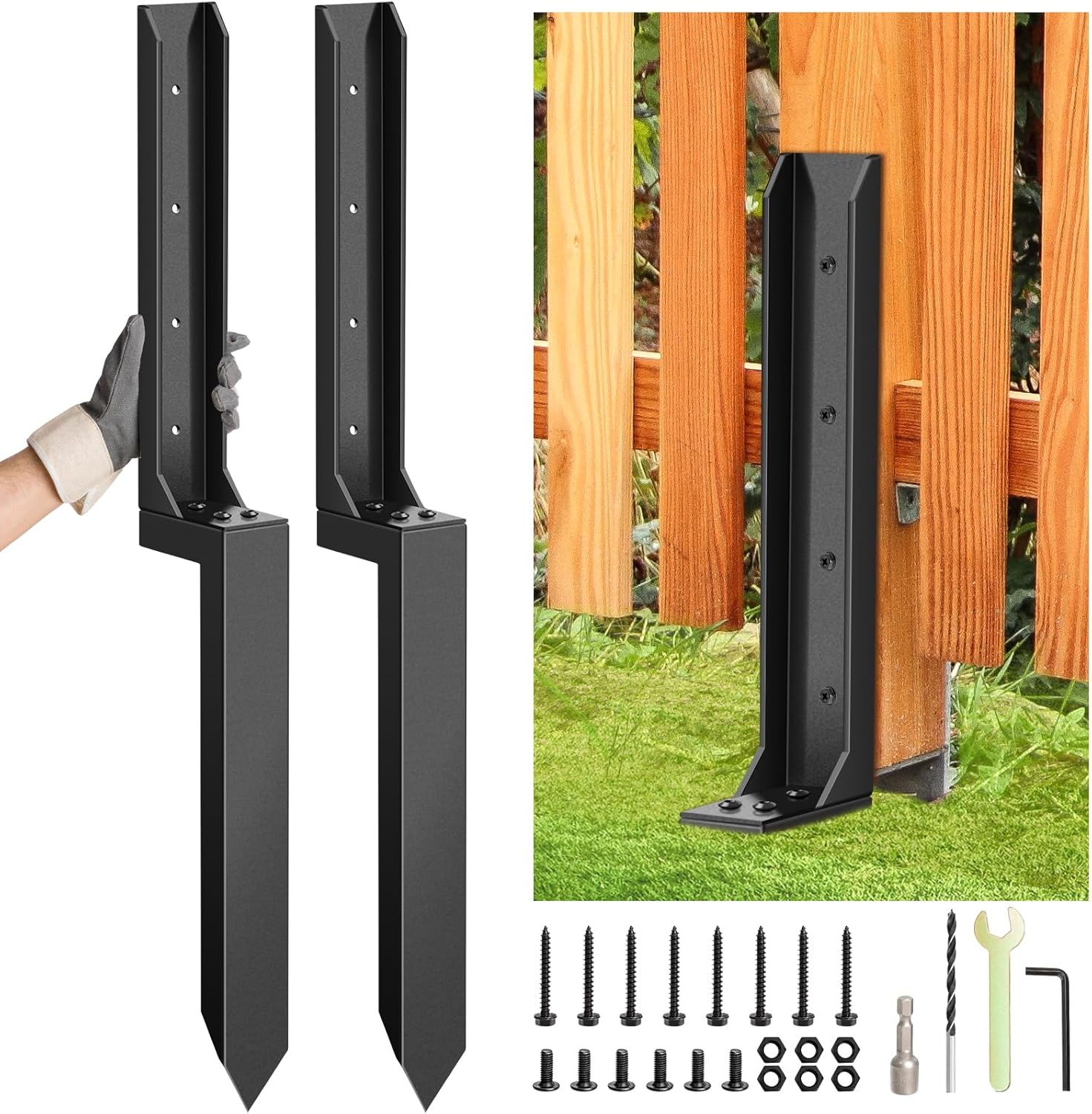 2 Pcs Fence Post Repair Kit,Heavy Duty Fence Post Anchor Kit, Fence Post Repair Stakes for Repair Tilted, Broken Wood Fence Post