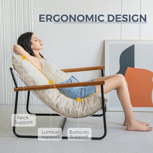 MAXYOYO Accent Chair, Velvet Arm Chair Living Room Chair with Metal Frame, Reading Accent Chair, Modern Bedroom Chair, Boucle Armchair with Wooden Arms, Beige