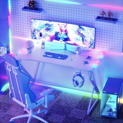 TIQLAB Gaming Desk with LED Lights, 40 Inch Computer Desk Z Shaped Gamer Workstation, Gaming Table with Carbon Fiber Surface, PC Gamer Desk, Black