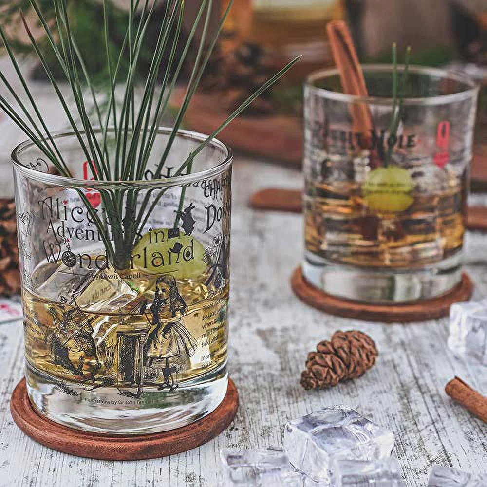 Alice in Wonderland Whiskey Glasses | Literature Rocks Glass with lewis carroll Book Images & Writing (Set of 2)