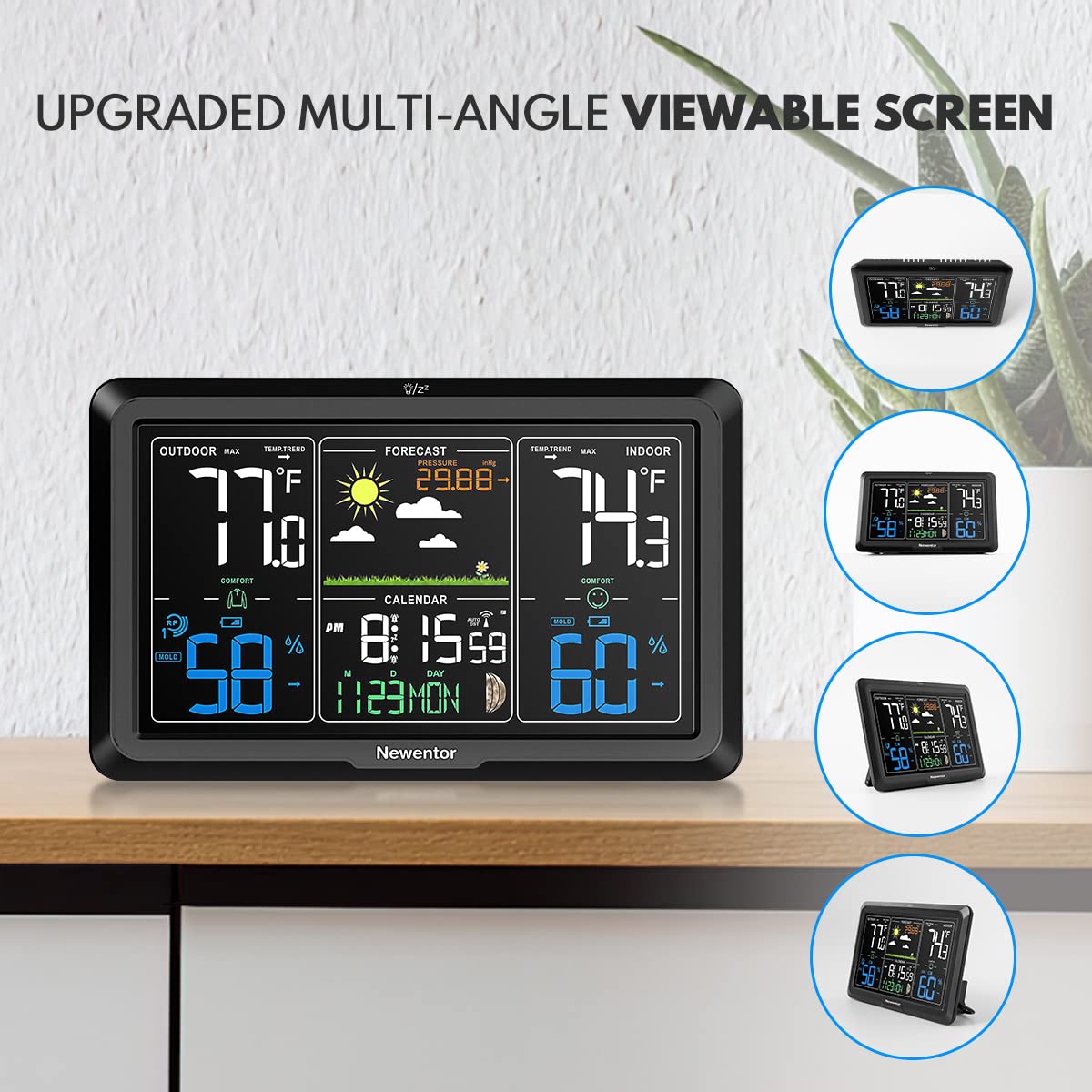 Newentor Weather Station Wireless Indoor Outdoor Thermometer, Atomic Clock with Temperature Humidity, Large Color Display Weather Monitor with Calendar and Adjustable Backlight for Home
