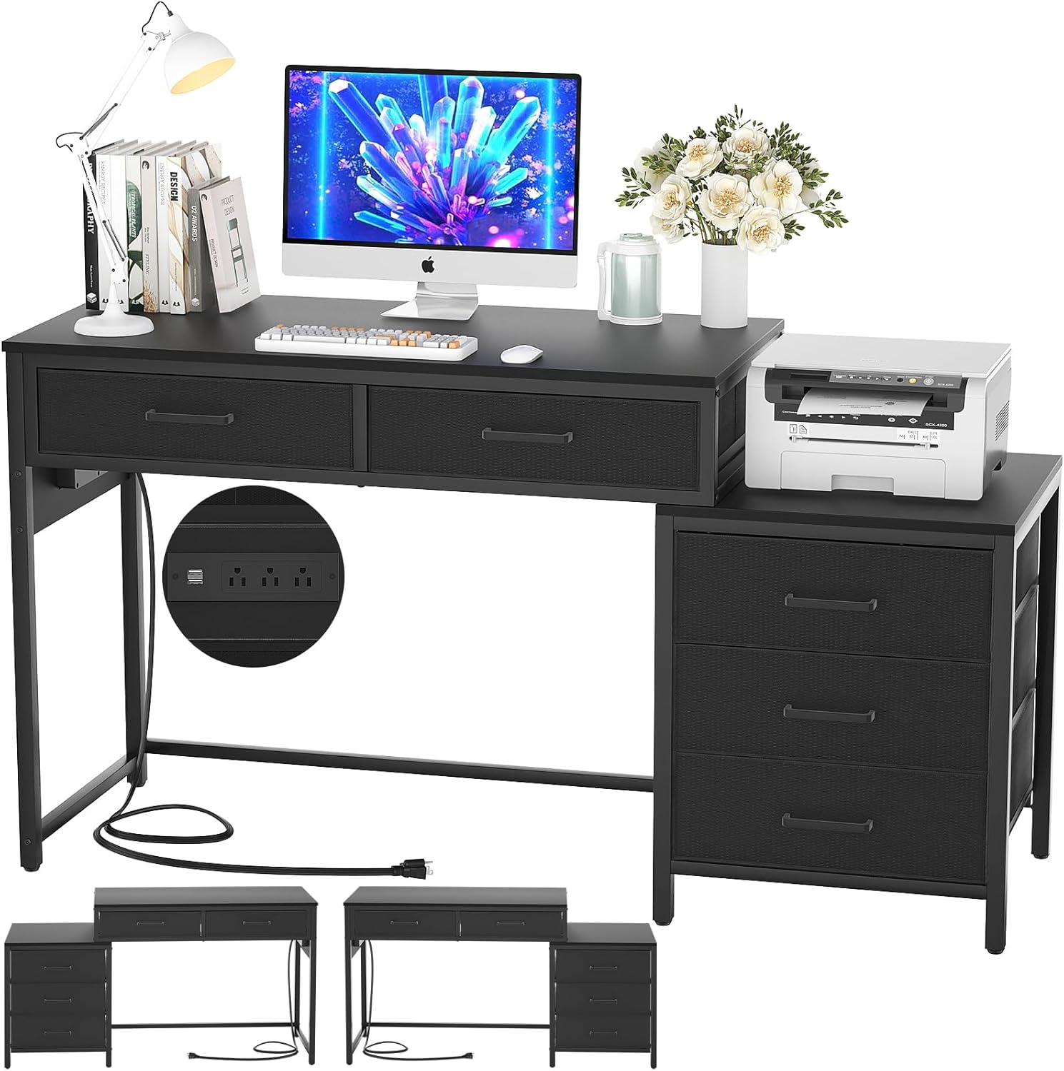 Computer Desk with 5 Drawers, Reversible Office Desk with Power Outlets and USB Charging Ports, Sturdy Writing Table with File Cabinet and Printer Stand, Laptop Desk for Small Spaces, Black