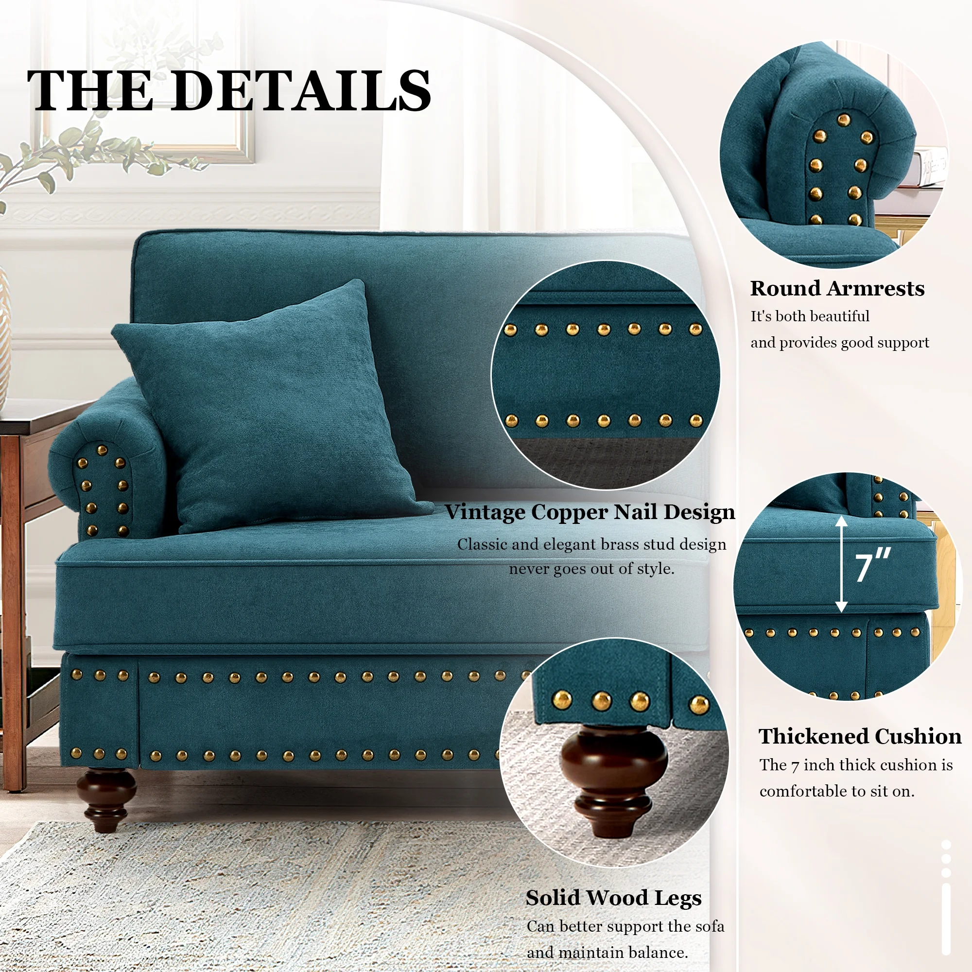 Muumblus 2 Pieces Chenille Living Room Sets with Nailhead, 2 Seater Loveseat Sofa and 3 Seater Sofa Couch, Lake Green