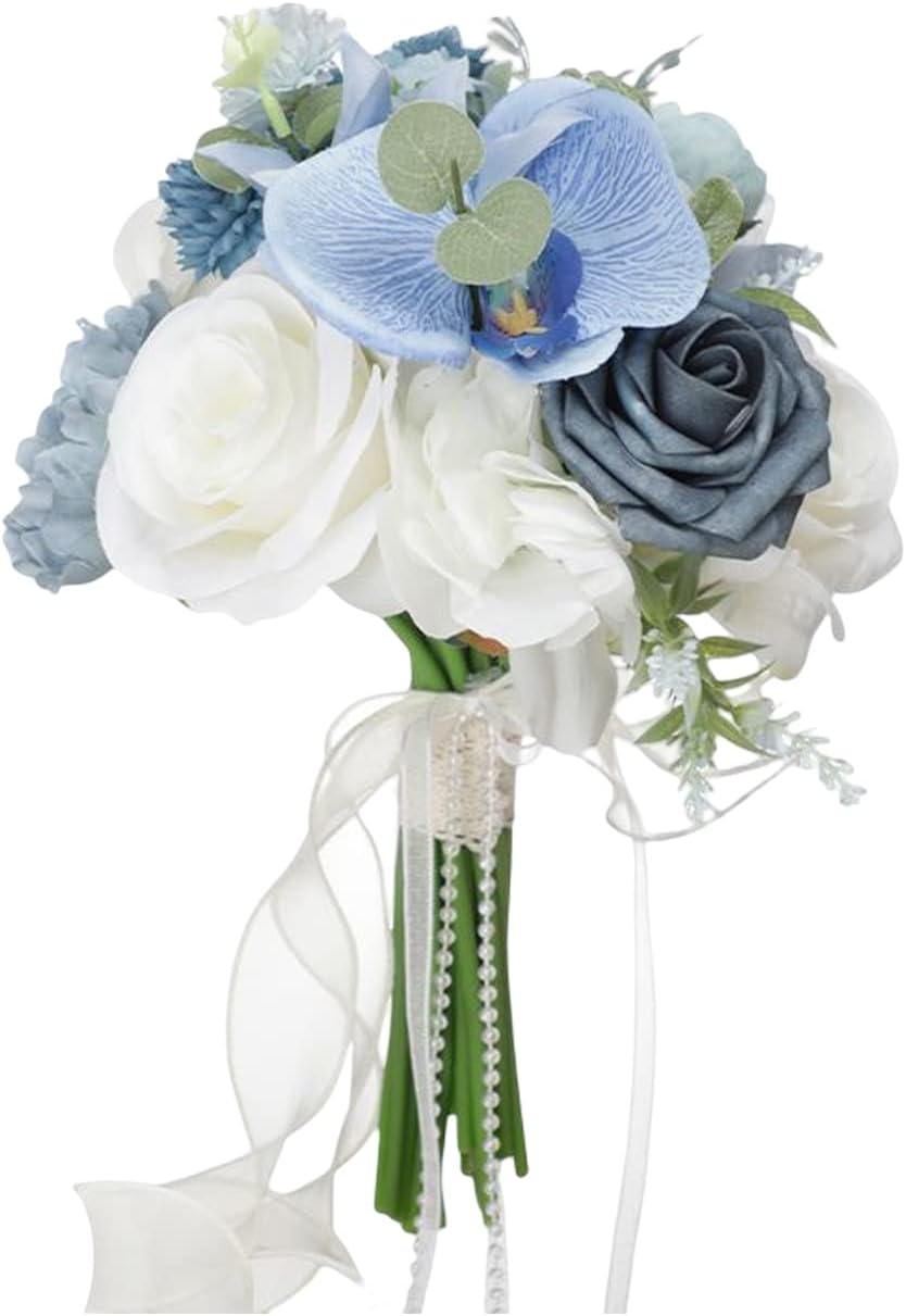 ZWMBYN 8.7 Inch Wedding Bouquets for Bride, Artificial Blooming Rose Bridesmaid Bouquet Silk Orchid Tossing Bouquets, Romantic Blue Bridal Bouquet for Wedding Party Church Ceremony Anniversary