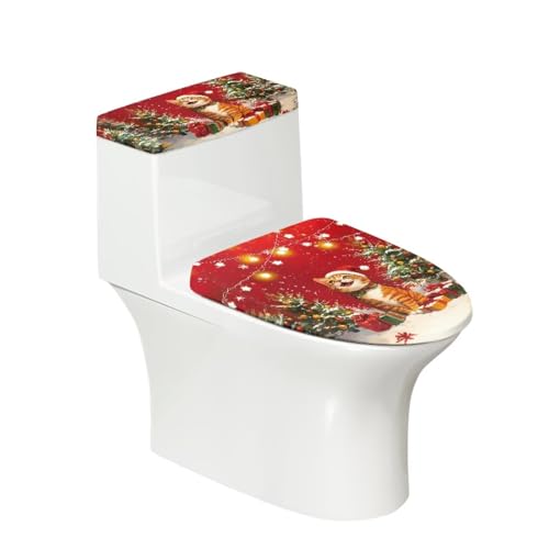 Christmas Bow Bell Toilet Tank Lid Cover and Toilet Seat Lid Cover 2 Pcs Set Toilets Covers with Elastic Cloth Fits Most Toilets Tanks & Lids