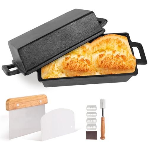 2 in 1 Cast Iron Bread Pan with Lid,9×5 Inch Cast Iron Loaf Pan 2 Piece Set,Include Bread Lame,Dough Scraper,Baking Supplie kit for Baking Homemade Sourdough and Meatloaf