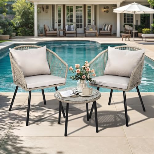 DWVO Bistro Set Outdoor Rattan 3-Piece Wicker Furniture Small Patio Balcony Chairs, with Tempered Glass Coffee Table and Armchairs for Garden, Balcony, Poolside, Grey
