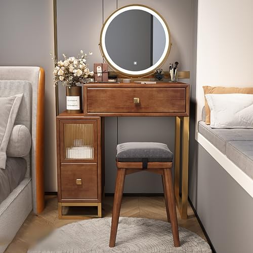 Wooden Makeup Desk for Bedroom Dressing Room Vanity Desk with Mirror and Lights 3 Lighting Color Adjustable Vanity with Drawers with Cushioned Stool for Women Girls Dressing Room.