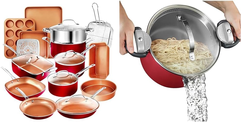 Gotham Steel 20 Pc Pots and Pans Set Nonstick Cookware + Bakeware Set, Complete Ceramic for Kitchen & Gotham Steel 5 Quart Stock Pot Multipurpose Pasta Pot with Strainer Lid