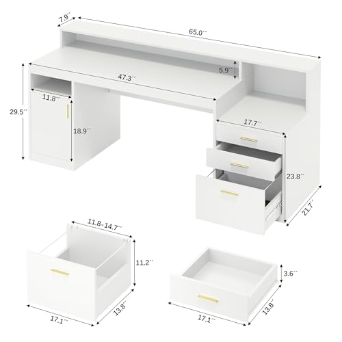 Computer Desk with 3 Drawer & Storage Shelves, Home Office Desk with File Drawer & Cabinet, Writing Study Table with Long Monitor Stand & Printer Shelf, Executive Desk, Black