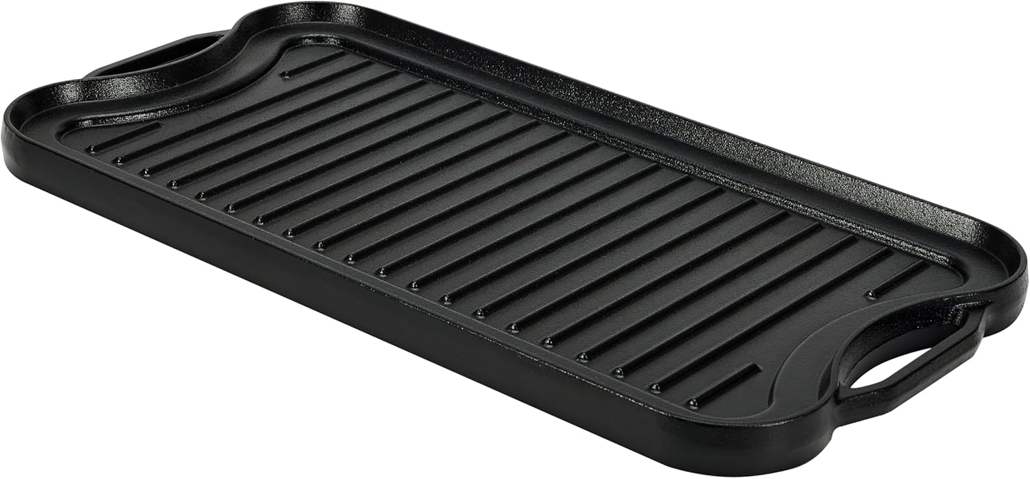 Amazon Basics Pre-Seasoned Cast Iron Reversible Rectangular Grill/Griddle, Black, 20 x 10.39 x 0.98 inch