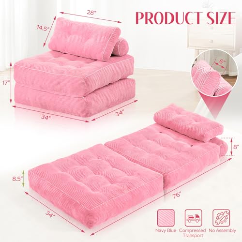 HABUTWAY Folding Sofa Bed, Convertible Sleeper Chair Bed w/Dual-Pillow & Handle, Foldable Floor Sofa Lounge w/Back Support for Living Room, Bedroom, Apartment, Office, Black