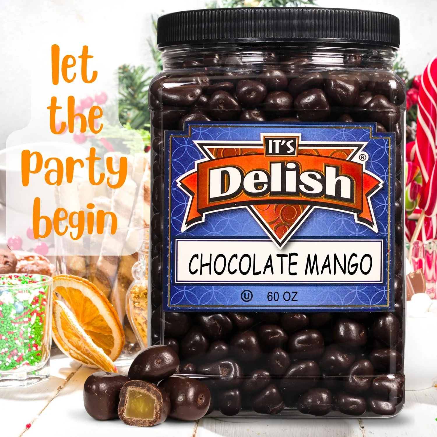 Dark Chocolate Covered Dried Mango by It's Delish, 60 OZ Jumbo Container  Gourmet Chocolate Covered Mango Bits Fruit Snacks Bulk Chocolate Candy Treats  Vegan, Non-Dairy, Kosher