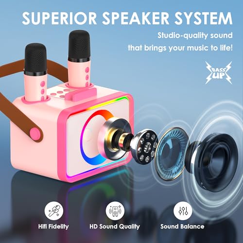 Karaoke Machine,Portable Bluetooth Speaker with 2 Wireless Microphone for Adults & Kids with LED Lights, Karaoke Microphone with PA System Supports USB/TF/AUX,Gift for Party (Black)