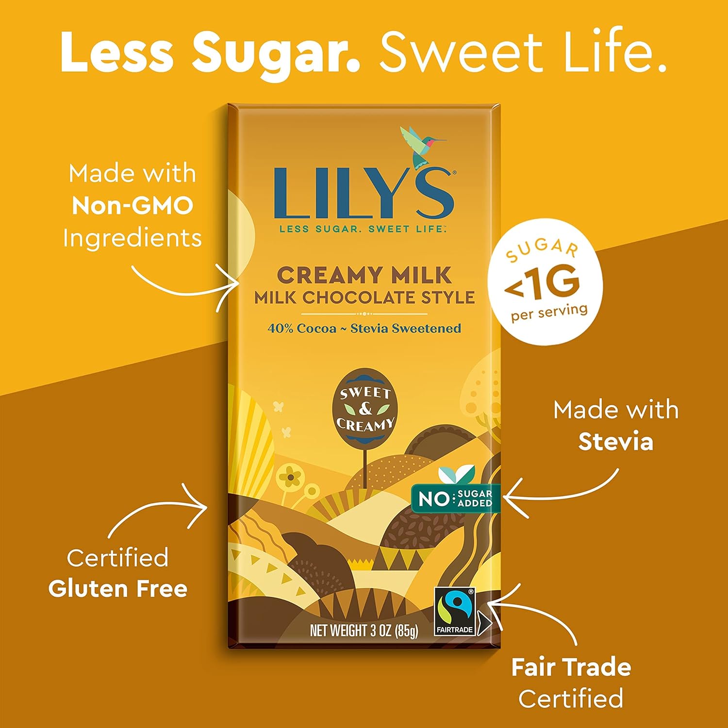 LILY'S Milk Chocolate Style No Sugar Added, Sweets Bars, 3 oz (12 Count)