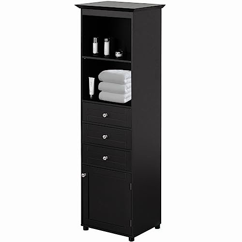 Tall Freestanding Storage Organizer Linen Tower, Vanity, Bathroom Cabinet with 2 Open Shelves, 3 Drawers, and a Closet, Black
