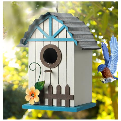 handrong Blue Bird Houses,Wood Bluebird House for Outside,Birdhouse for Outdoor, Hummingbird House,Hanging Bird House,Wooden Bird Nesting Box for Birds Lovers Gift