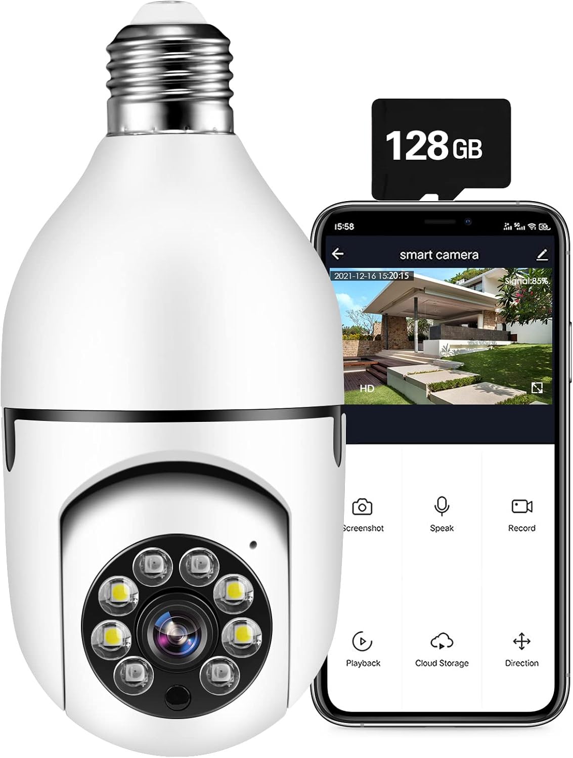 WiFi Light Bulb Camera - 1080P Pan Tilt Wireless 2.4Ghz 360 Degree E27 Panoramic IP Camera, Security Cameras with Floodlight Night Vision Human Motion Detection and Alarm (No SD Card) Pack of 2