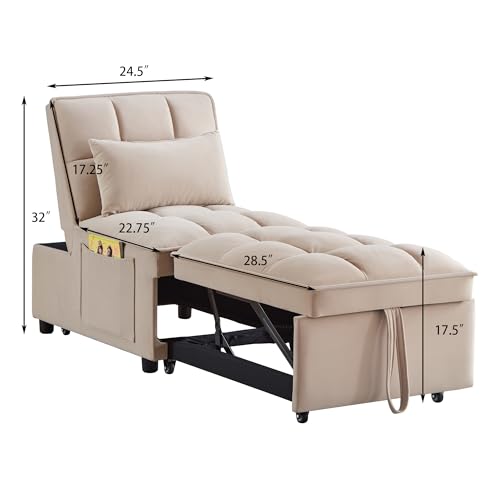 Sleeper Chair Bed, 4-in-1 Folding Convertible Chair Sofa Bed with Adjustable Backrest, Pull Out Sleeper Chair Bed with Storage Pockets, Modern Velvet Chaise Lounge (Taupe)
