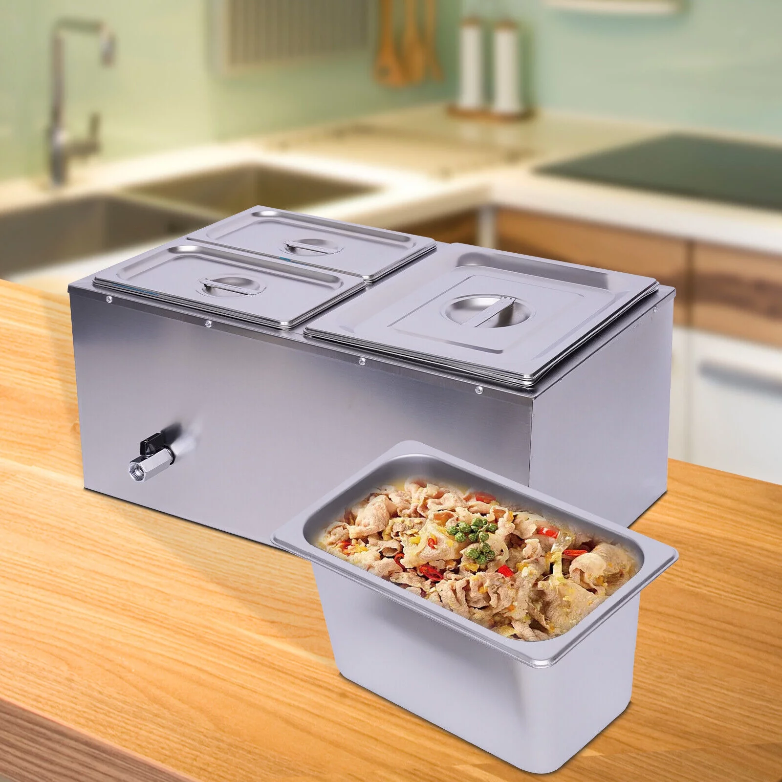 OUKANING 3-Pan Commercial Electric Food Warmer Buffet Food Warmer Stainless Steel with Lids 600W