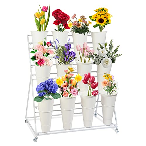 Flower Display Stand with Buckets, 3 Layers Metal Plant Stand, Moving Florist Bouquet Shelf for Fresh Flower Shop, for Patio Garden, Outdoor Flower Pop-Up Events (White Frame - White Bucket)