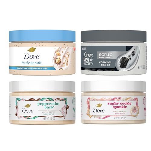Dove Limited Edition Holiday Treats Exfoliating Mini Body Scrub 4 Pack for Deep Nourishment 3.5oz each
