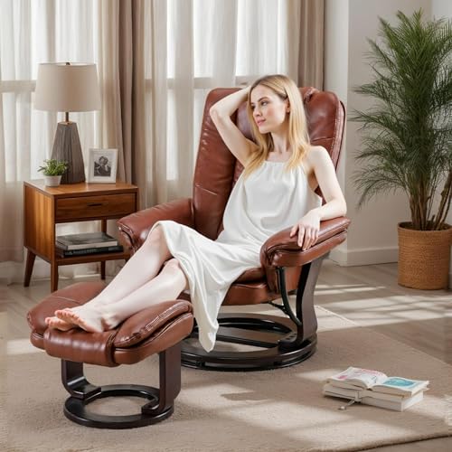 JC Home Argus Swivel Recliner with Ottoman, PU Leather & Wood Base Reclining Chair with Footrest, Ultra-Plush Double Foam for Living Room, Bedroom and Office