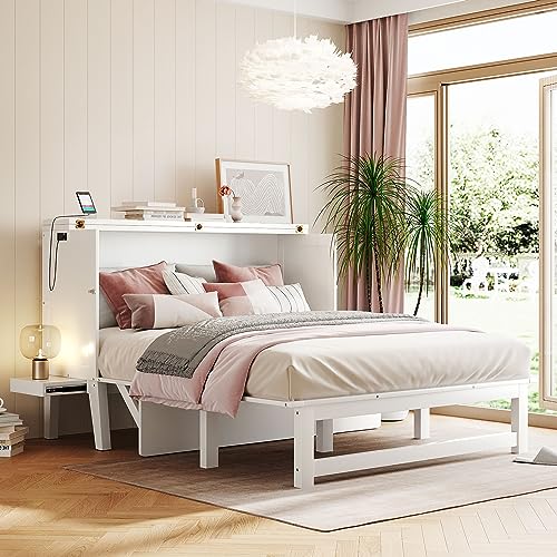 Queen Size Murphy Bed with Bookcase,Foldable Platform Bed Folded into Cabinet, Wood Murphy Bed Frame with Storage Drawer and Bedside Shelves Compatible with Bedroom,Small Space(White) ，Queen Bed