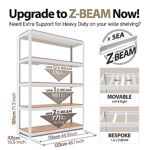 HOMEDANT House Lift-Beam White Boltless Heavy Duty Garage Storage Shelving Adjustable 5-Tier Metal Shelves Laminated Shelf Industrial Utility Rack Pantry 48.1