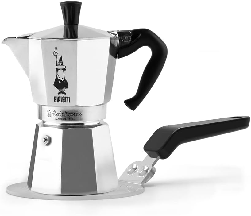 Moka Express: Iconic Stovetop Espresso Maker, Makes Real Italian Coffee, Moka Pot 3 Cups (4.4 Oz - 130 Ml) , Aluminium, Silver & Stainless Steel Plate, Heat Diffuser Cooking Induction Adapter, Steel