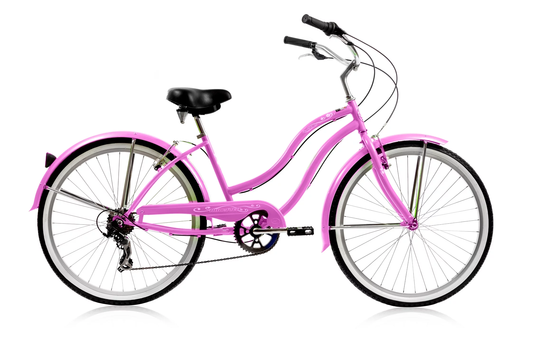 Wonder Wheels 26 In. Beach Cruiser Shimano Tx-35 7 Speed V-Brake Stainless Steel Spokes One Piece Crank Alloy Rims 36 H With Fender - Pink