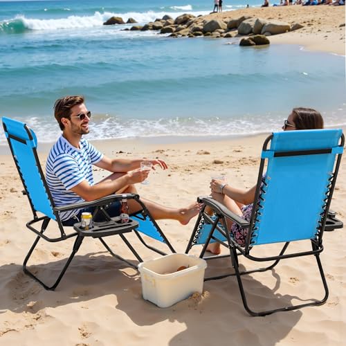 Greesum Zero Gravity Chairs Set of 2 Adjustable Steel Mesh Recliners Beach Deck Lawn Camping Patio Foldable Lounge Chair with Cup Holder Trays and Pillows,Brown