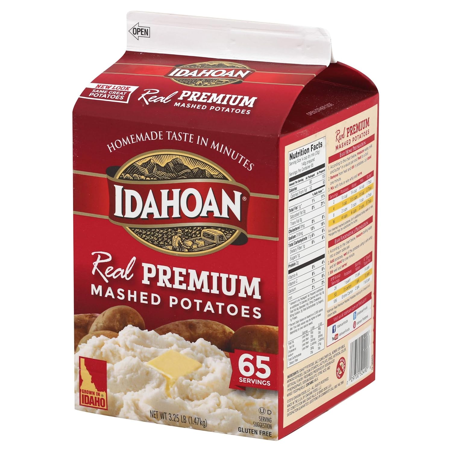 Idahoan Real Premium Mashed Potatoes, Made with Gluten-Free 100-Percent Real Idaho Potatoes, 3.25lb Carton (65 Servings)