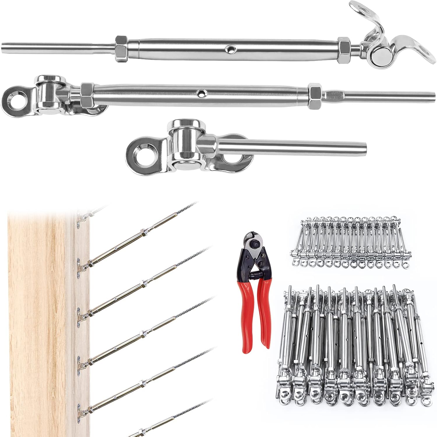 Muzata 32Set Cable Railing Kit 1/8 Swage Toggle Turnbuckle Hardware T316 Stainless Steel for Wood Post WoodEasy System Angle 180��Adjustable Stairs Deck 32 Cable Lines CK07 NN1,CA4 CA5