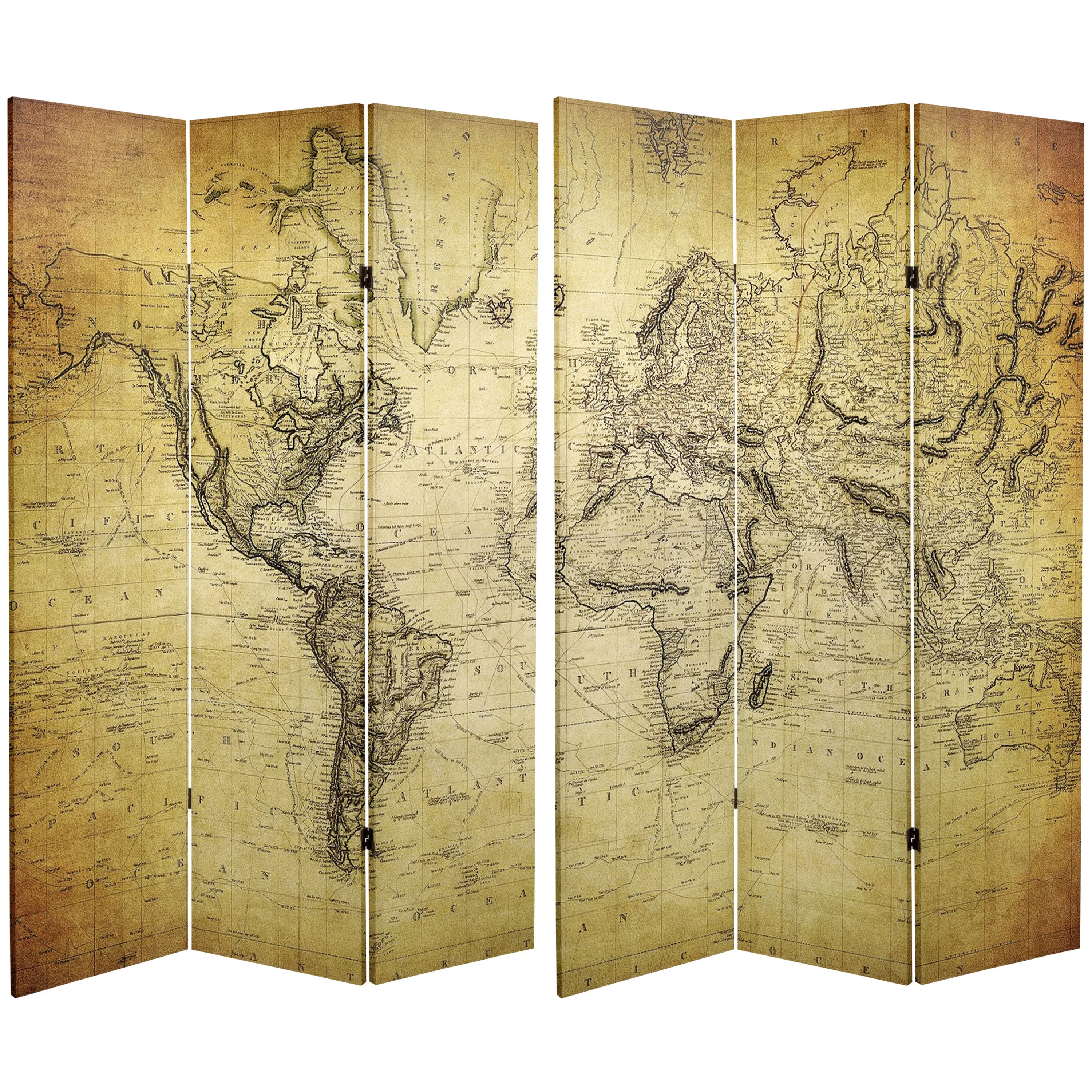 Oriental Furniture 6 ft. Tall Vintage World Map Canvas Room Divider - 3 Panel