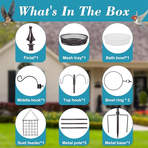 6-Hook Bird Feeding Station Kit, Wild Bird Feeder Stand Pole, Multi-Feeder Kit Stand with 4 Feeders, Bird Bath and Mesh Tray, 94 Inch