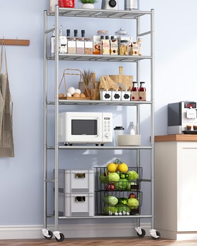 Storage Shelves Organizer - 5 Tier Metal Shelf Organizer with Metal Wheels and Adjustable Leveling Feet, Heavy Duty Garage Shelving for Kitchen, Pantry and Closet, 33.1