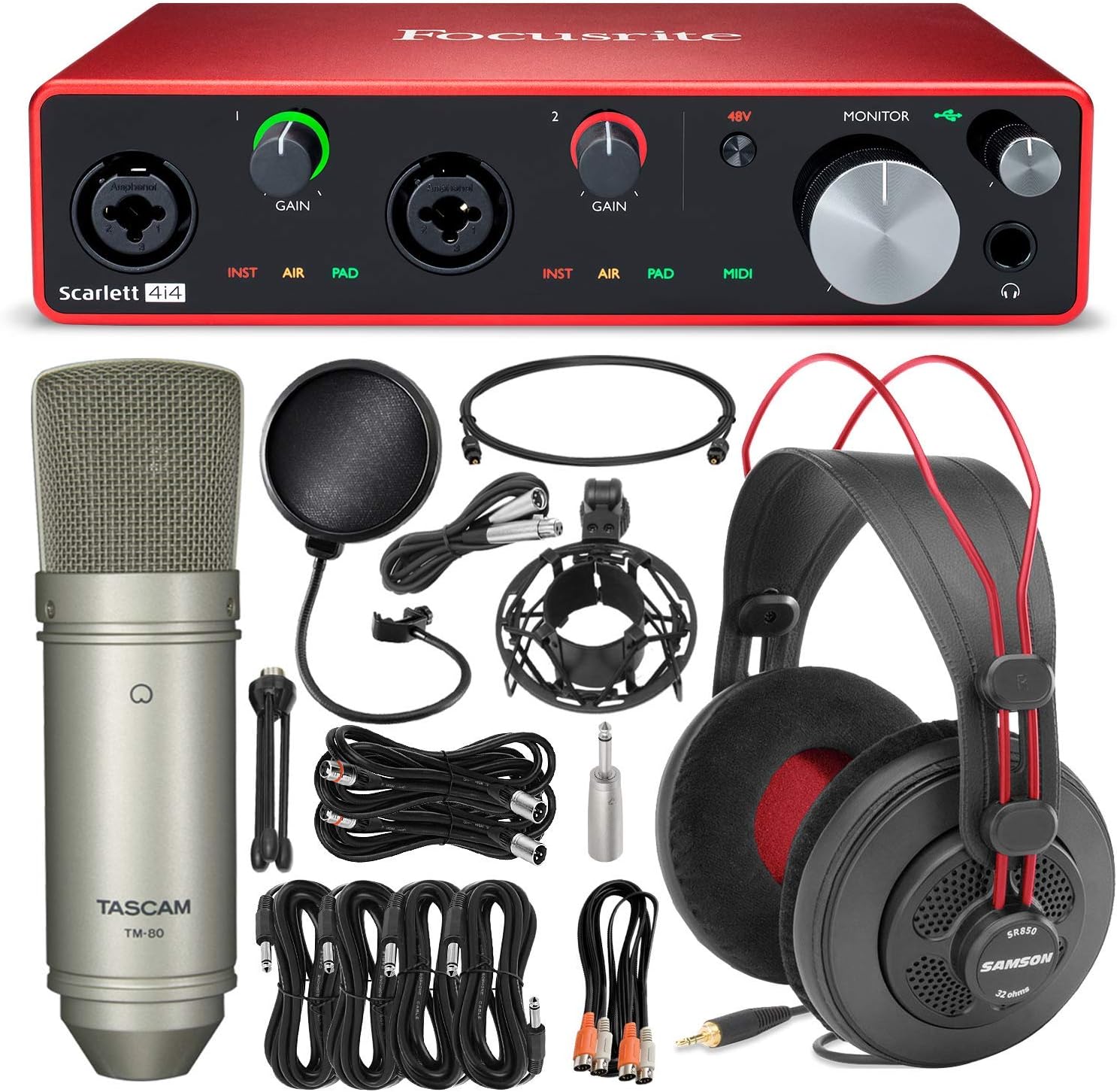 Focusrite Scarlett 4i4 USB Audio Interface (3rd Generation) + Tascam TM-80 Studio Condenser Microphone, Samson SR850 Stereo Headphones, Xpix Pop Filter, Cables and Professional Accessories