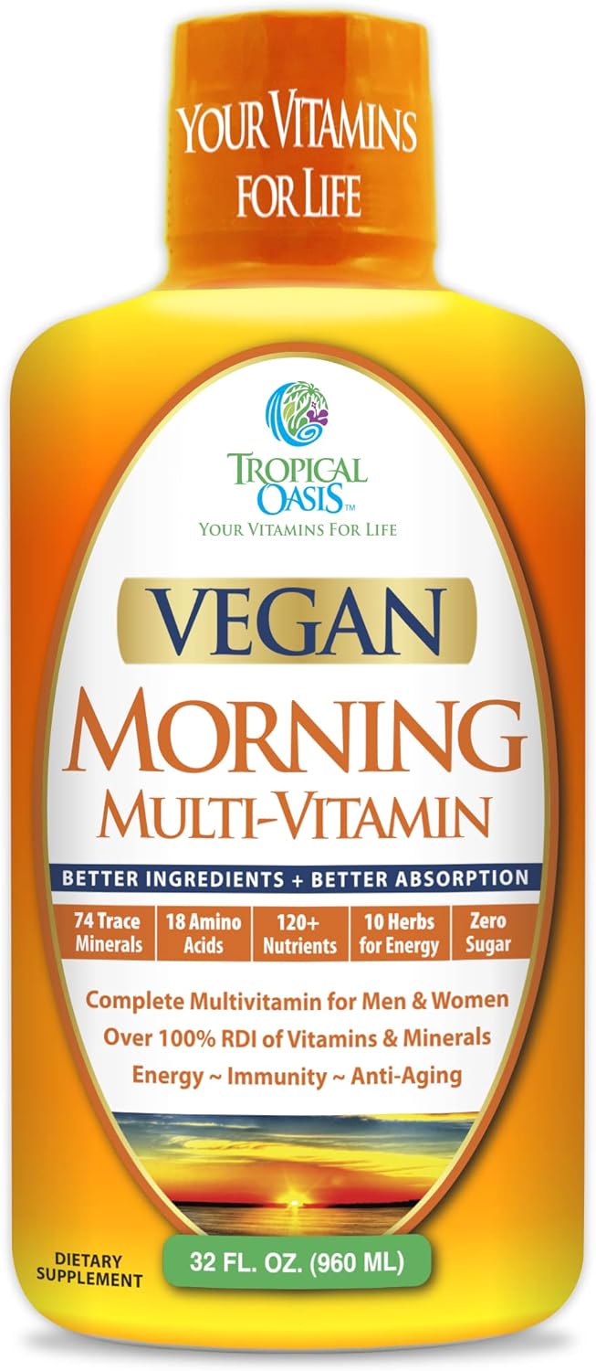 Tropical Oasis - Vegan Morning Liquid Multivitamins, Daily Liquid Vitamins with 74 Trace Minerals, 18 Amino Acids, and 10 Herbs, 32fl oz (960ml, 32 Servings)