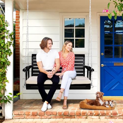 VINGLI Heavy Duty 880 LBS Patio Wooden Porch Swing Outdoor with Extra Cushion, Farmhouse Hanging Bench Tree Swing with Adjustable Chains for Yard | Garden | Lawn | Balcony (5 FT, Rustic)