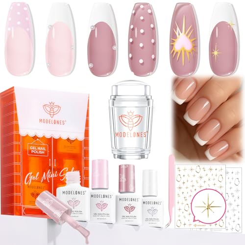 Modelones Jelly Gel Nail Polish Kit with UV Light, Christmas Sheer Pink Nude Red Brown Jelly Gel Polish with Base Top Coat Pearl Chrome Powder 4 Transparent Colors Mini Salon Nail Art Gift