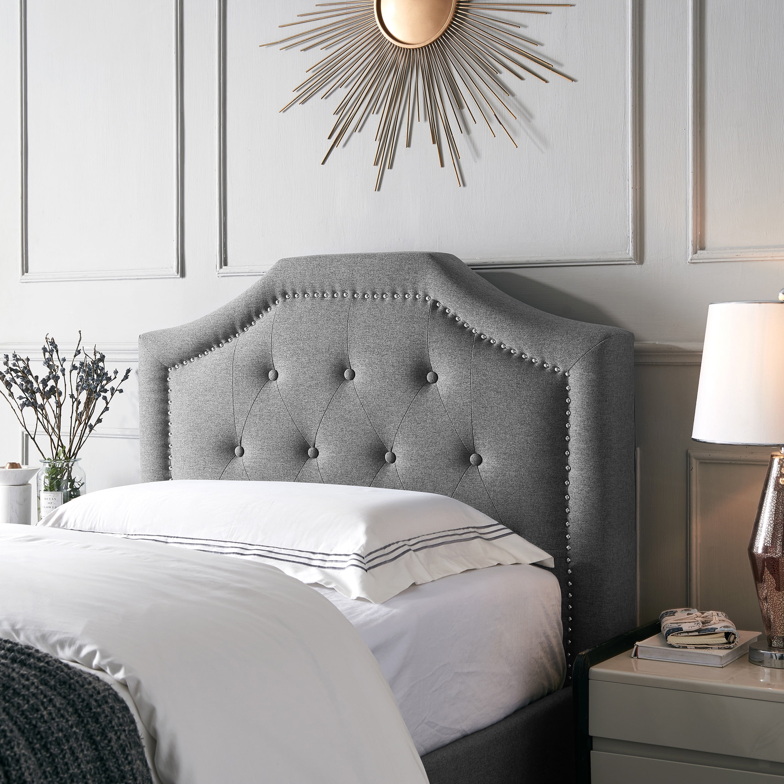 Renee Contemporary Upholstered Twin Headboard, Charcoal Gray and Black